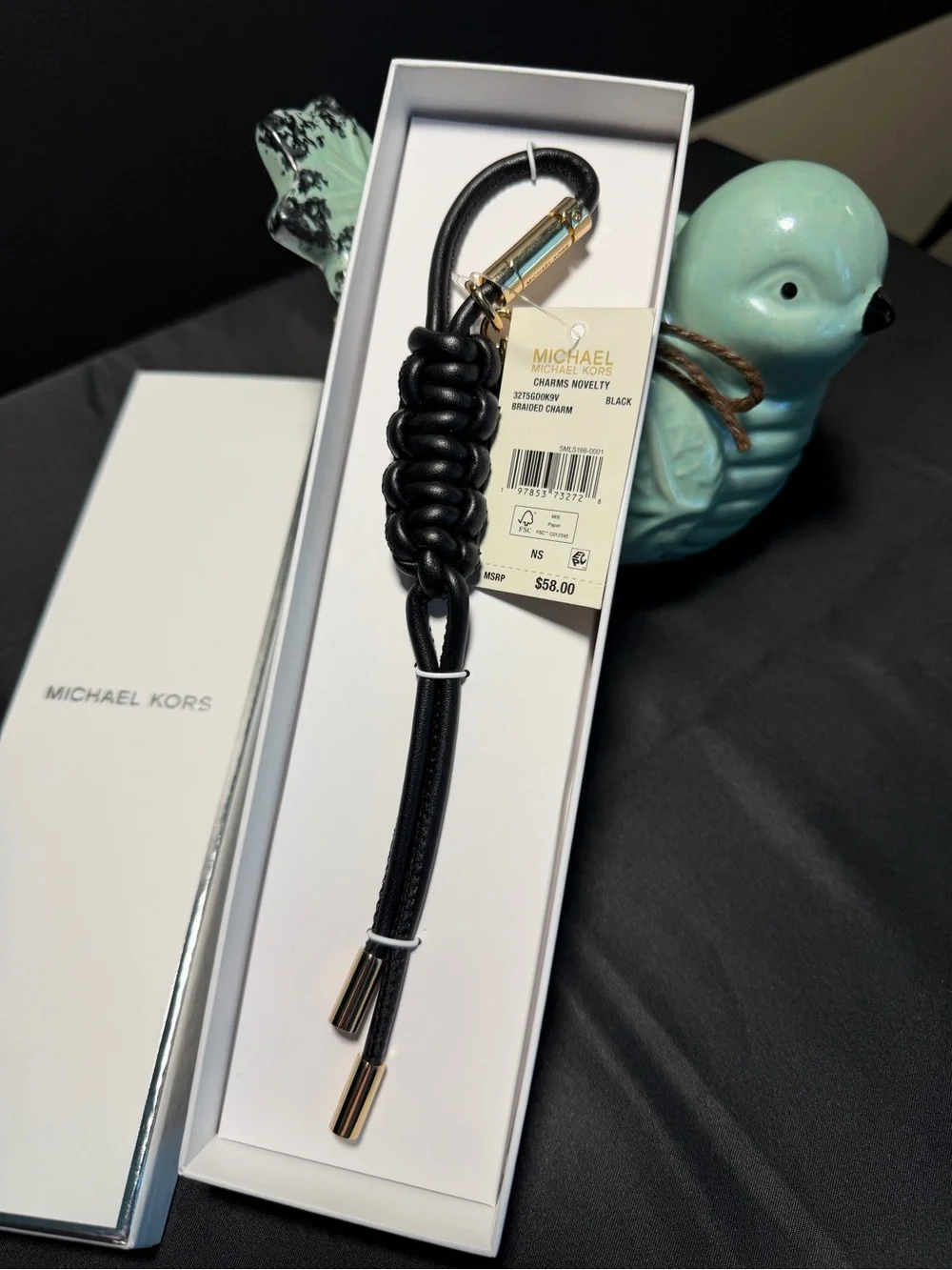 Michael Kors Black Braided Leather Key Charm with Gold Hardware. NWT